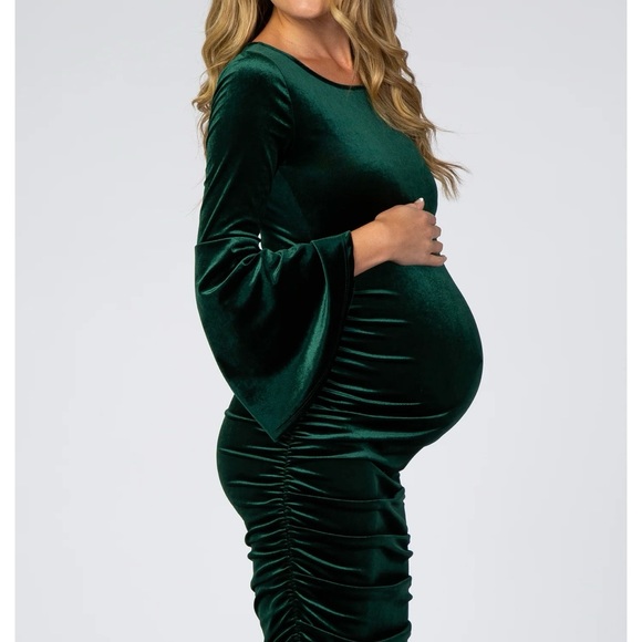 Forest Green Velvet Ruched Bell Sleeve Maternity Dress - Picture 1 of 7